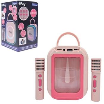Karaoke Bluetooth Rosa con 2 Micrófonos Inalámbricos, Batería Recargable, LED y Diseño Portátil