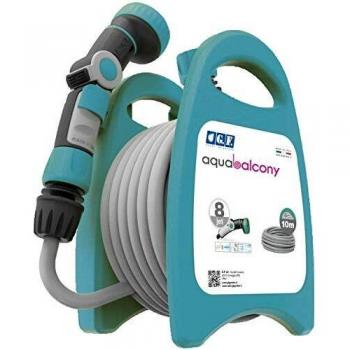 Kit Miniportamanguera Aquabalcony con 10m de Manguera, Lanza Ergo 8 Jet y 2 Racores - Color Azul