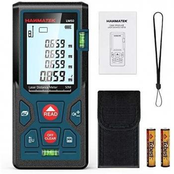 Medidores Laser 50m, Telémetro Láser con 2 Burbujas de Niveles in M/In/Ft, Memorias 99 datos, Pantalla LCD Retroiluminada, Medición de Pitágoras, IP54, Automático Apagado, Calibración Automática