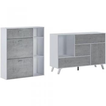Skraut Home - Set Muebles de Entrada - Conjunto compuesto por 1 Aparador y 1 Zapatero para 12 Pares de Zapatos - Melamina de Alta Calidad - Acabados en Bi-Color, Color Blanco/Cemento
