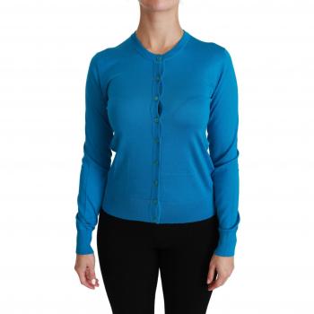 Dolce & Gabbana Blue Crewneck Cardigan 100% Silk Sweater - IT38|XS, Size: 2XS, Female, with Logo Details