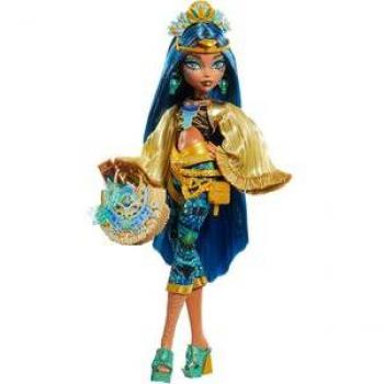 Muñeca Cleo de Nile - Mattel Monster High - Características: Muñeca articulada, diseño inspirado en la mitología egipcia, vestuario detallado con motivos dorados y azul, accesorios temáticos, cabello largo y