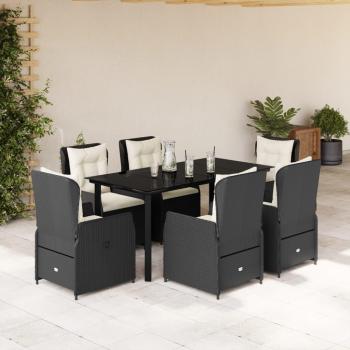 7-Piece Black Poly Rattan Garden Dining Set with Cushions