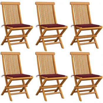 Sillas de jardín con almohadas vino tinto 6 piezas Teak Massello