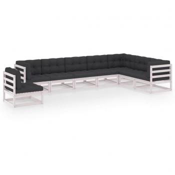 Set de muebles de jardín con cojines de 8 piezas en madera maciza de pino blanco