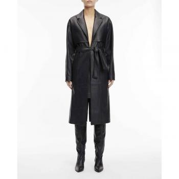 Calvin Klein Women's Black Leather Trench Coat, Tailored Style, Size M