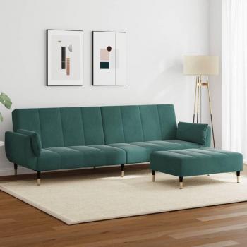 Dark Green Velvet 2-Seater Sofa Bed with Footstool