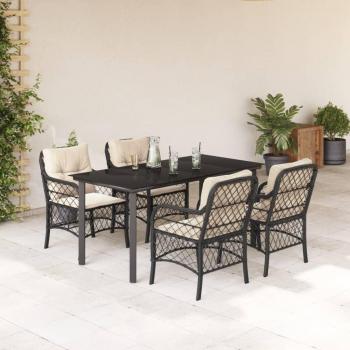 5-Piece Black Poly Rattan Garden Dining Set with Cushions