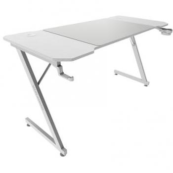 Mesa Gaming Ergonómica MGD-X140, 140x60 cm, Superficie de Fibra de Carbono, Estructura Metálica, Soporte para Auriculares y Porta-Goblet, Gestión de Cableado, Color Blanco