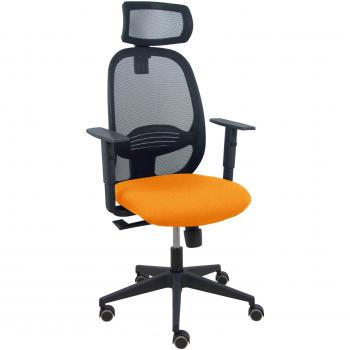 Silla Cilanco negra con malla negra, asiento Bali naranja, brazo regulable y cabecero regulable