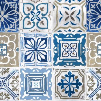 ecosoul Mantel de hule Artistic Tiles con patrón de azulejos, azul, gris y blanco, se vende por metros, liso, lavable, ancho 140 cm, longitud a elegir