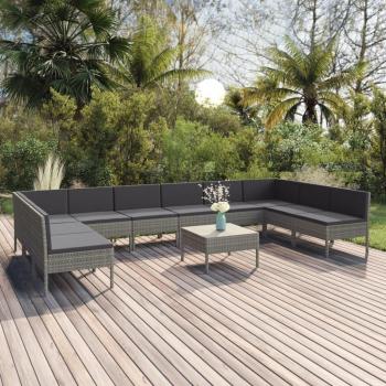 11-Piece Grey Poly Rattan Garden Lounge Set with Cushions