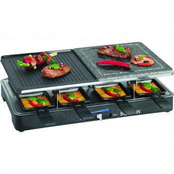Bomann RG2279CB Raclette Grill con Piedra Natural y Placa Reversible, 8 Personas, 1400W, 1400 W, Acero Inoxidable, Azul