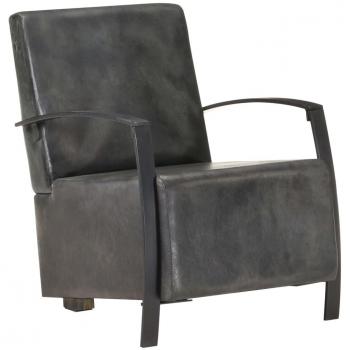 Sillón de cuero genuino gris antiguo con diseño vintage, tapizado en cuero auténtico de alta calidad, estructura resistente, cojín acolchado para mayor comodidad, color gris envejecido que aporta un toque elegante y sofisticado a cualquier espacio