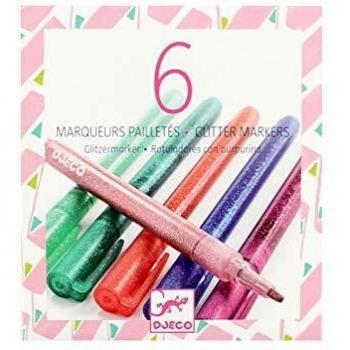 Rotuladores de purpurina DJECO - 6 colores brillantes, tinta a base de agua, punta fina para detalles precisos, ideales para manualidades y proyectos creativos