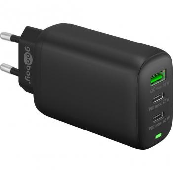 Cargador Rápido Multiport USB-C PD GaN 65W con 2 Puertos USB-C y 1 Puerto USB-A, Negro