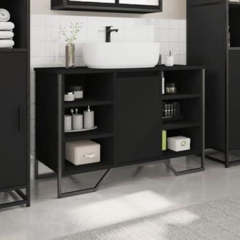 Mueble de baño negro 91x35x60 cm en cartón, armario de lavabo de baño de madera ingeniería, con espacio de almacenamiento, color negro