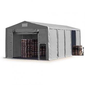 Carpa almacén TOOLPORT 8x10 m, altura lateral 3,6 m, puerta levadiza, PVC 850, color gris, 100% impermeable