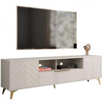 Mueble TV Comfivo Y106 Beige 204x60x40cm con dos puertas y una cajón, detalles en metal dorado