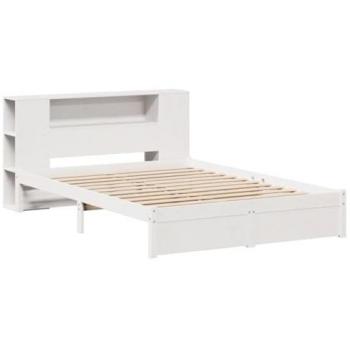 Cama con estantería sin colchón madera maciza blanca 135x190 cm, Cama de Matrimonio, Cama Doble, Muebles de Dormitorio