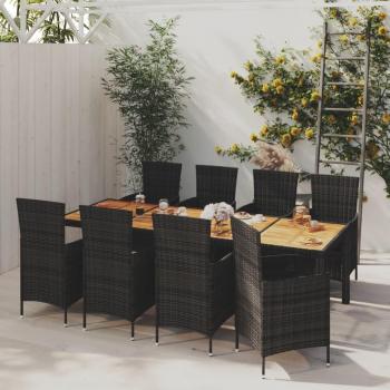 9-Piece Black Poly Rattan Outdoor Dining Set with Cushions