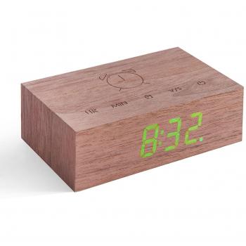 Gingko Flip Click Alarm Clock - LED Display, Rechargeable, Touch Controls, Walnut Wood