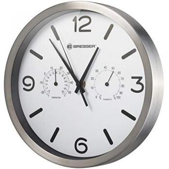 Reloj Termohigrometro MyTime DCF 25cm BRESSER, Reloj de pared, 25 cm, termómetro y higrómetro integrados, diseño en acero blanco