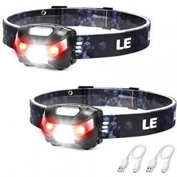 LE Head Torch Rechargeable, Lightweight Headlamp with Red Warning Lights, 5 Lighting Modes, Waterproof, Suit for Cycling Running Camping Hiking Fishing and More, USB Cable Included, Pack of 2