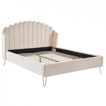 Cama 140 x 190 cm con cabecero ondulado de terciopelo beige - SAGALI