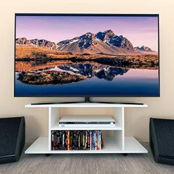Mesa Henor con Ruedas de Madera FSC® 120x40x52.5 cm, Giro 360º y Freno - Mueble de TV y Salón en Blanco
