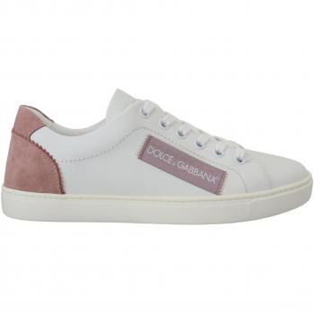 Dolce & Gabbana White Pink Leather Low Top Sneakers Shoes - EU36/US5.5, Female, Size: 6 US, Classic Lacing, Logo Details
