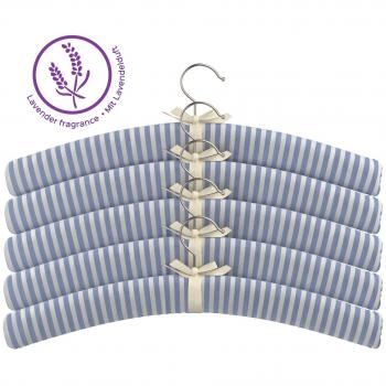 bonVIVO Lavinia Perchas De Ropa Forradas En Tela De Algodón De Rayas Azules Y Blancas con Perfume de Lavanda para Proteger tu Ropa, Perchas de Madera