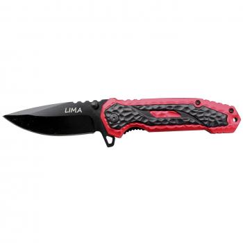 Navaja Third Lima K2806RD con mango de aluminio rojo y negro texturizado, hoja de acero 420 de 10.5 cm y clip