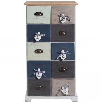 Cajonera Vintage Shabby Chic Rebecca con 10 cajones en colores Beige, Azul y Marrón, dimensiones 88x48x30 cm