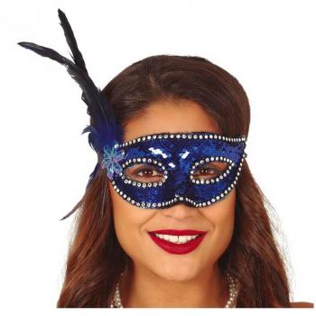 Antifaz de Lentejuelas Azul con Plumas