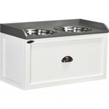 PawHut Comedero Elevado para Perros Grandes con 2 Cuencos de 2000 ml de Acero Inoxidable y 1 Cajón 63x30x36 cm Blanco