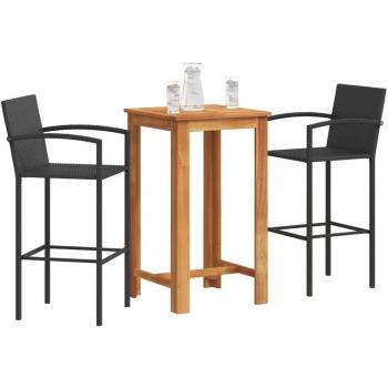 3-Piece Black Acacia Wood and Poly Rattan Garden Bar Set