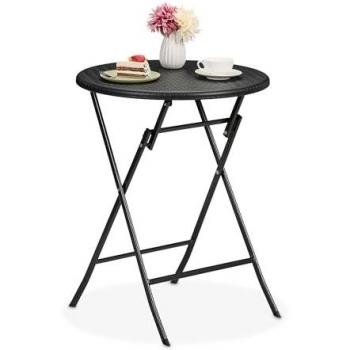 Mesa de Jardín Plegable Redonda 75 x 60 cm Efecto Ratán Plástico y Metal para Exterior y Balcón Color Negro