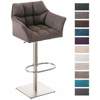 Taburete de bar Damaso en tela gris con respaldo y brazos, altura ajustable y base de acero inoxidable