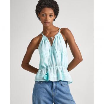 Pepe Jeans Women's Aqua Blue Sleeveless Top with Pleated Details and Elastic Waist, Size L