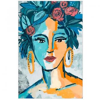 Cuadro Pintado al Óleo Mujer con Rosas en el Pelo - Cuadro Adorno Pared Cuadro Frida Cuadros Azul 3x63x93cm 26993 - Signes Grimalt