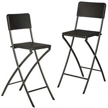 Set de 2 Taburetes de Bar Plegables Estilo Ratán, con Respaldo, Altura 78 cm, Color Negro