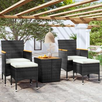 5-Piece Black Poly Rattan & Solid Acacia Wood Garden Bistro Set