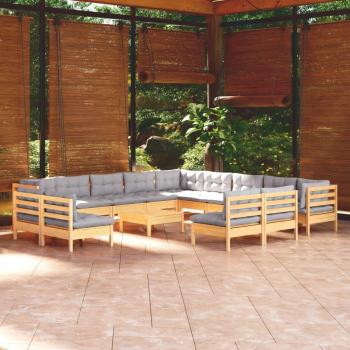 14-Piece Solid Pinewood Garden Lounge Set with Grey Cushions