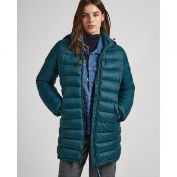 Pepe Jeans Green Long Padded Jacket with Removable Hood for Women, Size XS