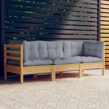 Sofá de jardín de 3 plazas con cojines de color gris en madera maciza de pino
