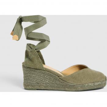 Castañer - Alpargata de cuña tintada de mujer Chiara en algodón orgánico verde con cierre de cintas y cuña de 7cm, hechas a mano