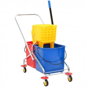 Carrito de limpieza con cubos y escurridor de polipropileno y acero cromado, multicolor
