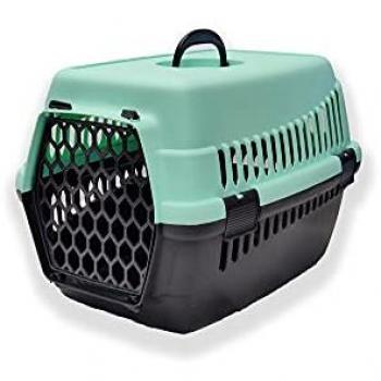 Transportín Rígido Portátil para Mascotas Gato y Perro, Jaula de Viaje Gris y Verde 46x31x32cm