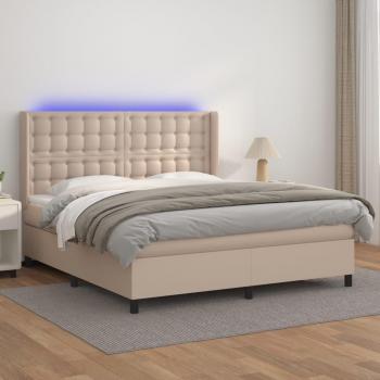 Cama Box Spring con Colchón y LED de Cuero Sintético Capuchino 180x200cm